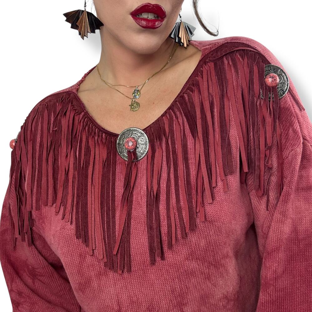 Vintage cowgirl western red cotton tie-dyed fringe sweater dress - Picture 2 of 14